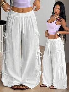 Coolane Women's Autumn Vacation Casual Vintage Boho Daily Wear Cotton Comfortable Straps White Baggy Pants Vacation Outfits Women White Pants - White - View 2