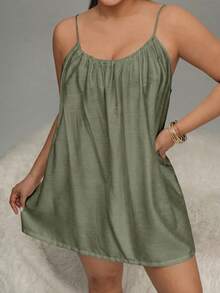 HautHeat Plus Size Women's Solid Color Pleated Casual Cami Nightgown - Army Green - View 3