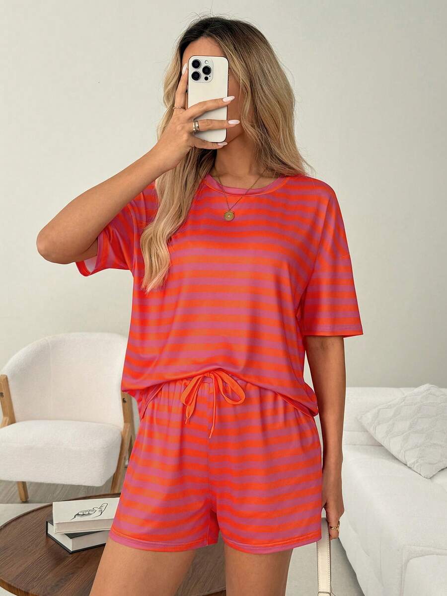 SHEIN LUNE Women's Casual Colorful Striped Summer Vacation Commute Daily Basic Fashion Outing Outfit Short Sleeve Shorts 2-Piece Set - Multicolor - View 1