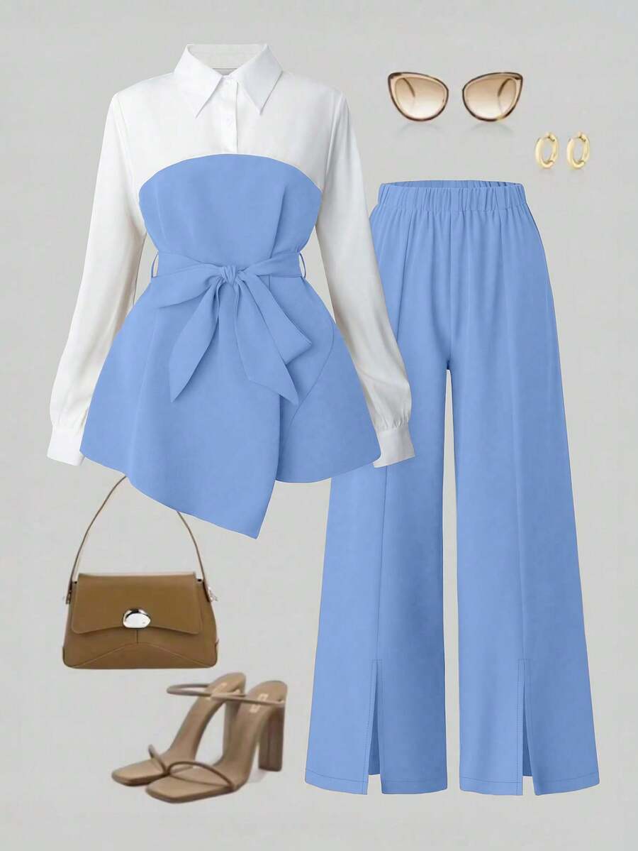 Franclia Minimalist Elegant Autumn Shirt And Straight Leg Split Hem Pants 2 Pieces Set - Blue - View 1