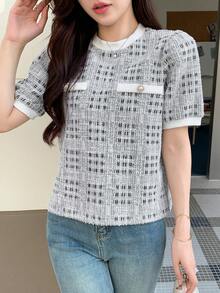 DAZY 春夏秋圓領短袖收腰灰色格紋粗花呢修身女款T恤 - 米色 - 查看 9