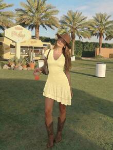 Skyraze Asymmetric Ruffle Lace Short Dress - Light Yellow - View 5
