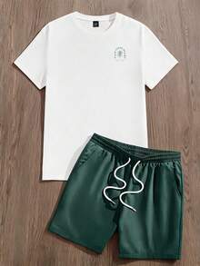 Manfinity Joysei Lässiges Mode Sommerurlaub Grün Pflanzen Grafik Slogan Weiß & Grün Kurzarm T-Shirt Set, geeignet für Frühling und Sommer - Verschiedenfarbig - Übersicht 5