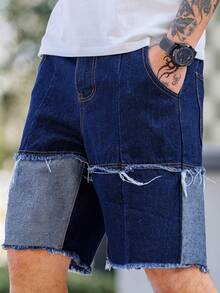 Manfinity LEGND Pantalones cortos de mezclilla holgados y casuales para hombre con dobladillo deshilachado, pierna ancha y bolsillos laterales - Azul - Ver 1