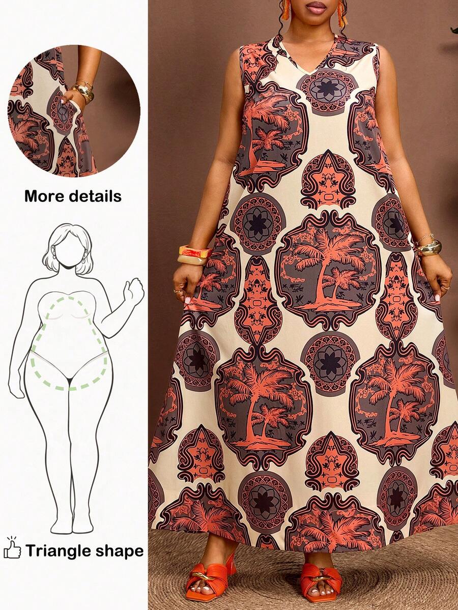 Truni Vestido Holgado y Cómodo de Vacaciones Tropicales Talla Grande, Para Body Forma de Pera y Triángulo - Albaricoque - Ver 1