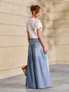 Selenza Women's Pocket Button Casual Versatile Daily Wear Wide Leg Denim Jeans Daily Light Blue Summer/Heavy-Duty Floral Embroidered Jeans - Blue - View 7