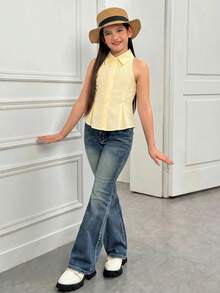 SHEIN Tween Girl Yellow Summer Elegant And Classy Vacation Back-To-School Collared Sleeveless Pleated Cinched Waist A-Line Button-Front Shirt Blouse - Yellow - View 4