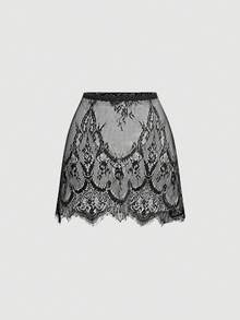 SHEIN MOD Saia curta versátil de renda da moda para mulher - Preto - Ver 5