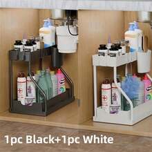 1pc/2pcs 2 Tier Black/WhiteUnder Sink Storage Organizer Sliding Drawer Multi-Purpose Rack Cabinet Under Sink Storage Rack Bathroom Kitchen Organizer. - Multicolor - View 9