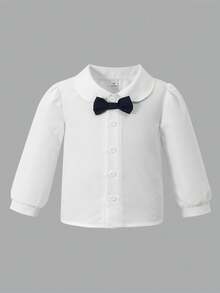 Back To School Season Girls' British Academy Style 2-Piece Dress Set, 4-7 Years Old Children's School Uniform, Peter Pan Collar Long Sleeve Shirt Paired With Elegant Bow Decor, Double-Breasted V-Neck Vest Dress Set, Girls' Spring/Summer Light Formal Piano Performance Outfit, Campus Choir Uniform, Stylish Everyday Princess Dress - Royal Blue - View 6