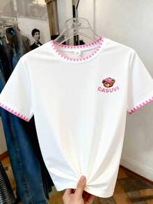 Casuvi Kids Casuvi 青少年女孩 T-Shirt 1 件，彈性針織舒適面料套頭圓肩 T-Shirt，卡通熊印花裝飾，領口與袖口定位印花仿貝殼設計，適合春夏日常休閒穿著 - 白色 - 查看 3