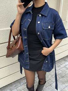 Siren Gaze 女士夏季休闲翻盖口袋前扣短袖牛仔外套 - 藍色 - 查看 6
