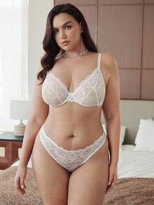 Slumbrini 1 Set Women Plus Size Solid Color Lace Underwire Comfortable Bra Set, Lift - White - View 4