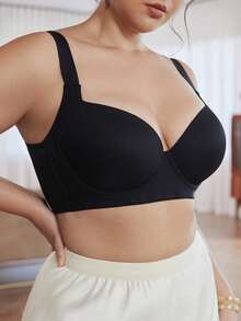 Slumbrini Sujetador sin costuras con aro de talla grande de color liso minimalista - Negro - Ver 9