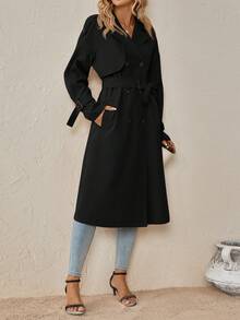 SHEIN Clasi Mantel Trench Berlengan Raglan Kancing Ganda dengan Sabuk, Warna Hitam Elegan untuk Kantor Musim Gugur - Hitam - View 6