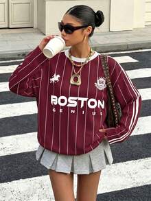 Muchica 女款秋冬休閒酒紅色圓領長袖上衣，對比白色領口與條紋袖子，馬印花增添復古、學院風、經典、時尚、青春與街頭風格，面料光滑舒適，秋季理想之選 - 彩色 - 查看 3