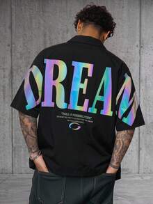 Manfinity RebelGame Men's Street Style Letter Print Single-Breasted Shirt - Black - View 1