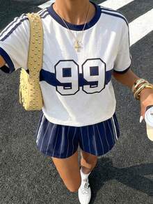 Muchica Women's Sporty Athleisure Print Splice Navy Blue Short Sleeve T-Shirt And Shorts Sports Suit,Y2K Football USA World Cup Soccer Jersey Uniform - White - View 6