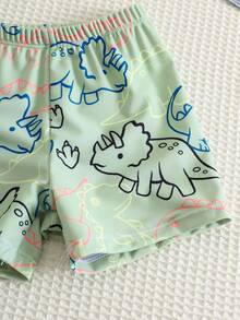 SHEIN 兒童中性適用 男孩/女孩 3件組恐龍印花長袖泳衣、短褲與遮陽帽泳裝套裝，多件裝，防紫外線泳衣，沙灘褲，泳褲，幼童泳裝，適合沙灘度假游泳 - 綠色 - 查看 8