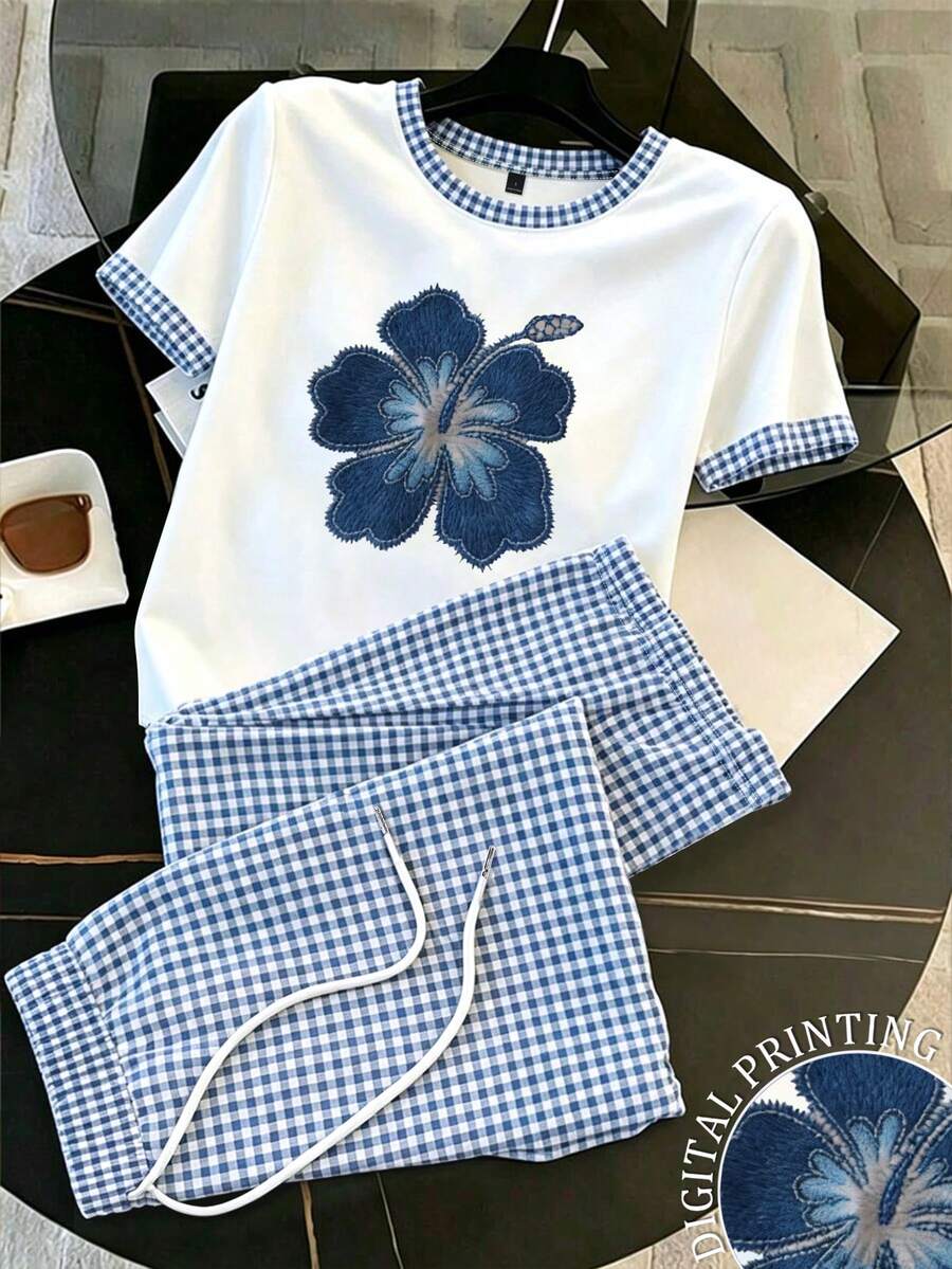 Resyla Women's Round Neck Short Sleeve Plaid Patchwork Floral Print Casual 2-Piece Set, Summer - Multicolor - View 1