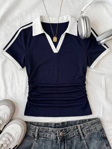 SHEIN Tween Girls' Casual Colorblock Ribbon Patchwork Bow Embroidered Polo Collar Short Sleeve T-Shirt, Summer - Navy Blue - View 7