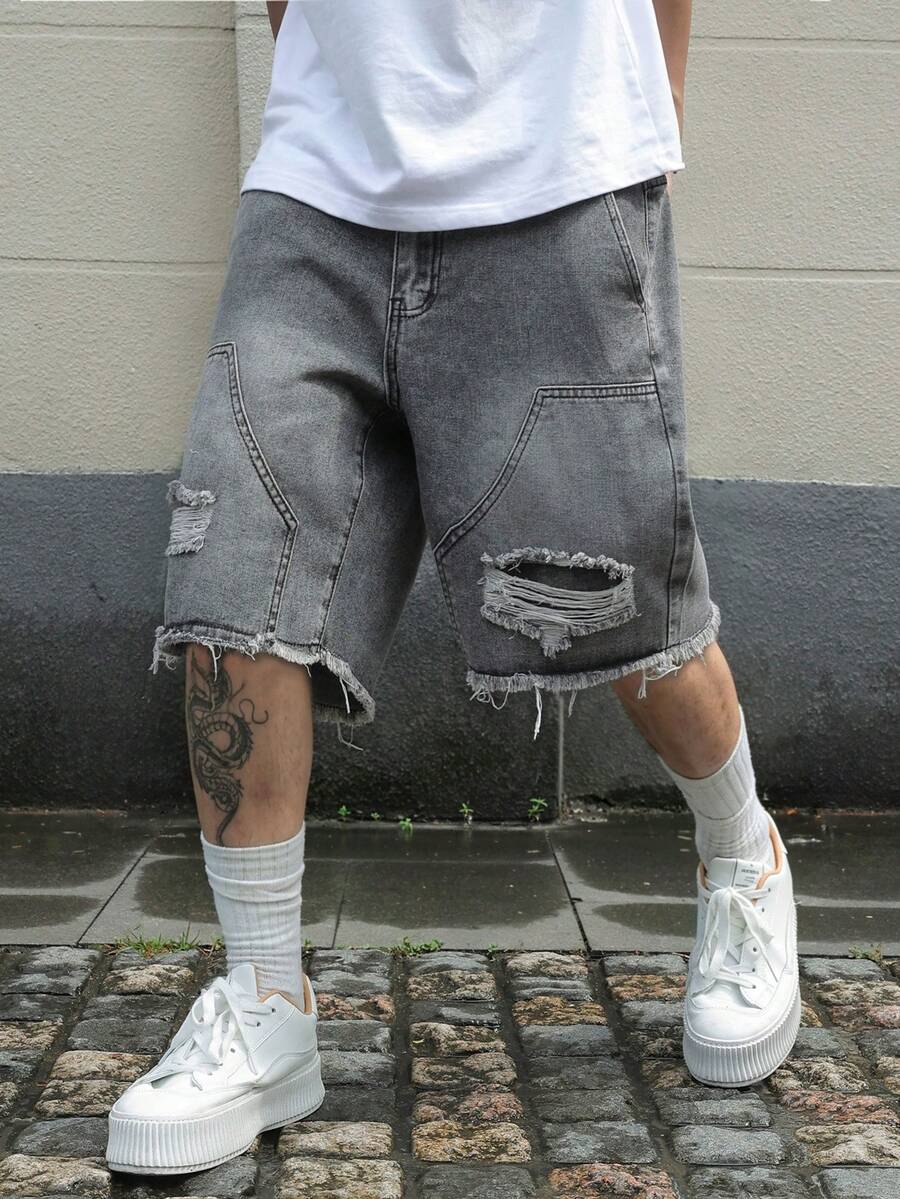 Manfinity Roghcode Men's Plus Size Distressed Denim Shorts, Casual Loose Wide Leg Shorts For Summer - Light Grey - View 1