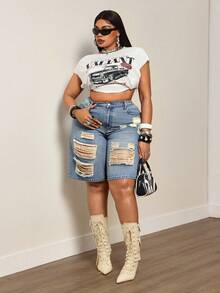 Slaydiva Plus Size Women Summer Cowgirl Style Blue Non-Stretch Distressed Straight Leg Pants - Light Wash - View 6