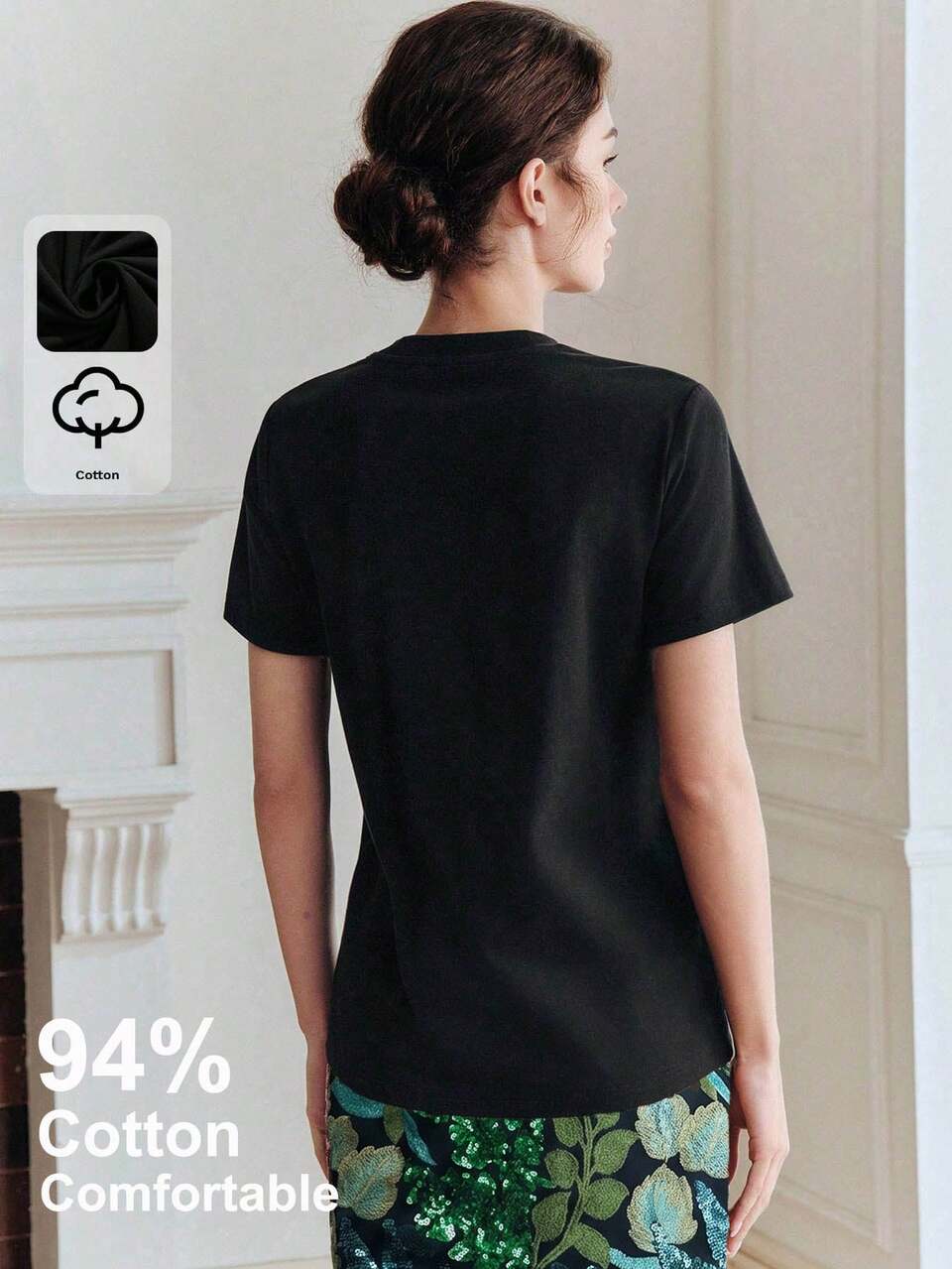 Anewsta Elegant Women's T-Shirt, 94 Cotton, Minimalist Commuting Casual Short Sleeve Round Neck, Embellished With Sequin Embroidery Date Black Floral Summer