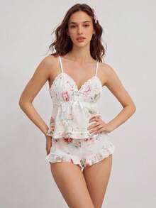 Elorette Floral Print Contrast Lace Bow Front Ruffle Hem PJ Set / Pajama Set - Apricot - View 3