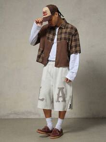 FRESIVO Men's Letter Applique Drawstring Waist Slant Pocket Shorts - Apricot - View 5