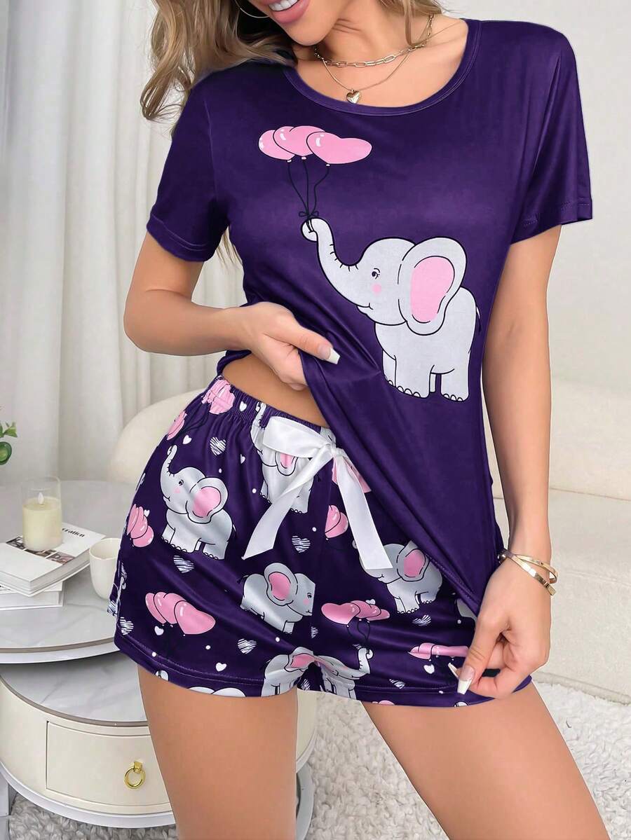 SHEIN Cute Elephant Heart 2 Pieces Women's Pajama Set - Multicolor - View 1