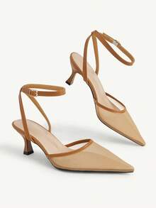 CUCCOO CHICEST Nude Mesh Pointed Kitten Heel Sandals, Buckle Commuter Dating Breathable Low Vamp High Heels - Brown - View 9