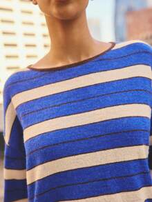 Aralina Women's Stretch Stripe Knitted Lightweight Boxy Long Length Longsleeve Sleeve Pullover Sweater Top - Multicolor - View 3