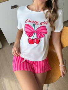 SweetSlumber Sweet Cute Ins Hot Pink Cherry Bow Print Round Neck Comfortable Knit Women's Pajama Set Home Cherry Print Summer Back-To-School Lounge Cute Y2k - Multicolor - View 1