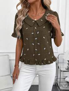 SHEIN Clasi 女款夏季翻領荷葉邊上衣優雅百搭藍色上衣 - 棕色 - 查看 4
