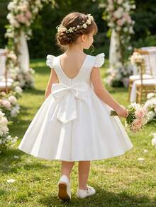 SHEIN Glamorique Kids 女童簡約白色正式禮服，柔軟緞面背部附可拆式大蝴蝶結，花童婚禮禮服，兒童生日公主長裙，晚宴派對服飾，夏季穿搭，迷人大裙擺，時尚正式穿著，派對禮服指南，度假風洋裝，畢業舞會禮服，四季皆宜 - 米色 - 查看 3