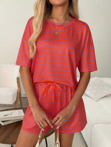 SHEIN LUNE Women's Casual Colorful Striped Summer Vacation Commute Daily Basic Fashion Outing Outfit Short Sleeve Shorts 2-Piece Set - Multicolor - View 5