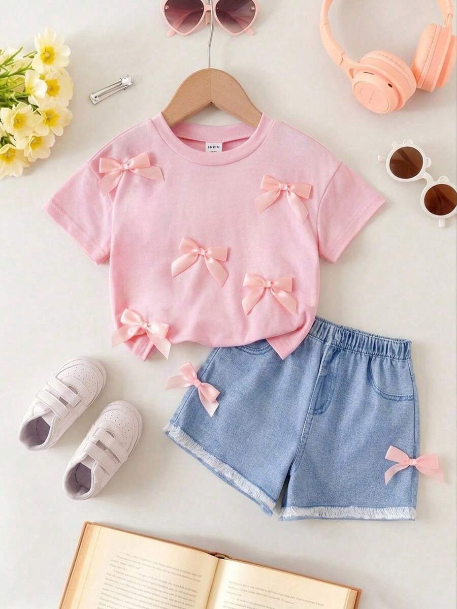 SHEIN 女婴蝴蝶结装饰圆领短袖T恤和短裤休闲套装 - 粉色 - 查看 1