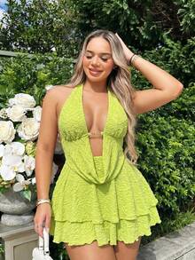 SHEIN SXY Plus-Size Light Green Textured High-Elastic Knit Draped Neckline Backless Camisole Top And High-Waist Short Skirt Two-Piece Set.Beach Vacation - Green - View 1