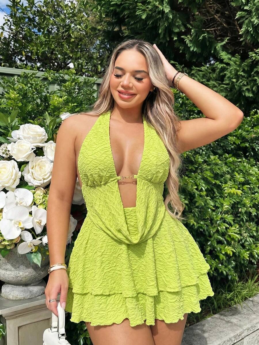 SHEIN SXY Plus-Size Light Green Textured High-Elastic Knit Draped Neckline Backless Camisole Top And High-Waist Short Skirt Two-Piece Set.Beach Vacation - Green - View 1