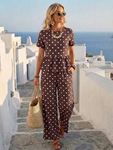 EMERY ROSE Women's Elegant Polka Dot Print Short Sleeve Ruffle Hem Top And Pants Set - Multicolor - View 1