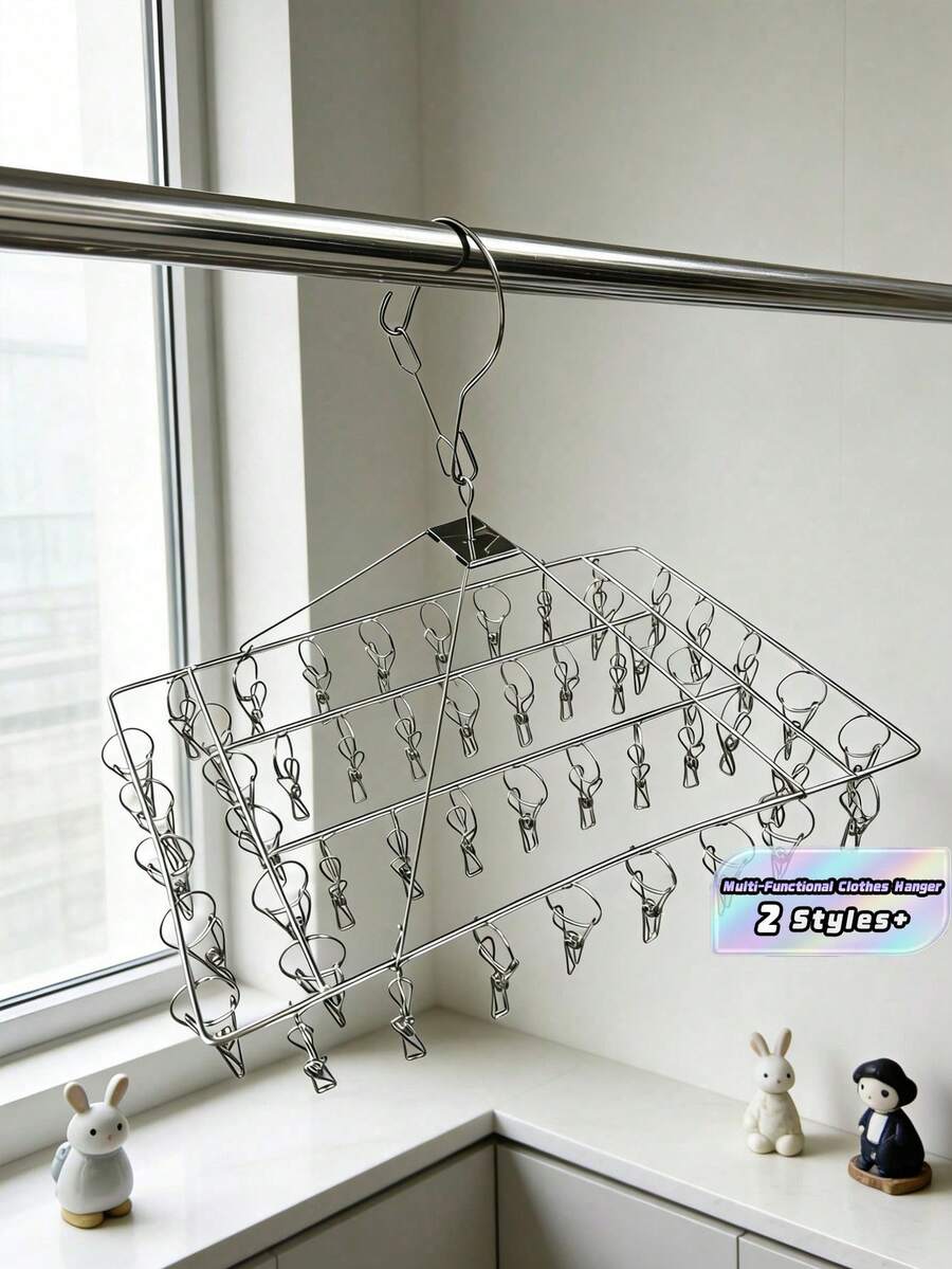 1PC Stainless Steel Drying Rack With 20/50 Clips - A Windproof Hanging Organizer For Socks And Underwear, Space Saving Multi-Function Hooks Suitable For Home And Retail Use, Great For Back To School, Stainless Steel Drying Rack To Dry Socks And Underwear