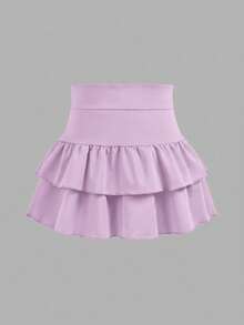 2 paquetes de minifalda de punto de unicolor con volantes en capas y pantalones cortos integrados para niñas preadolescentes, Y2K, niñas con personalidad de moda, regreso a la escuela - Multicolor - Ver 4
