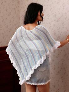 CovetEZ Blue & Yellow Striped Mesh Knit Plus Size Beach Cover-Up, New Spring/Summer - Multicolor - View 3