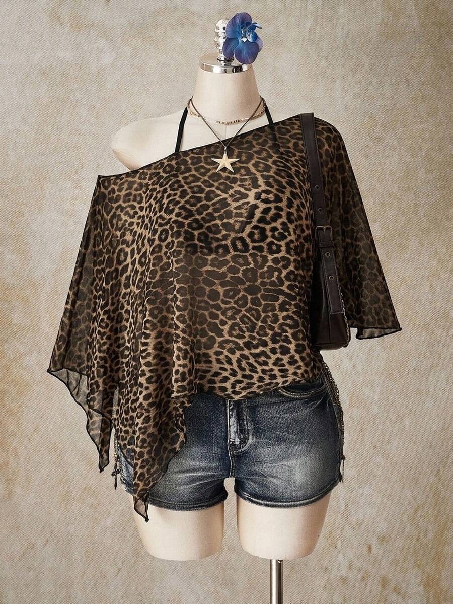 SHEIN ICON 豹紋大尺碼女款不對稱領蝙蝠袖寬鬆上衣 - 彩色 - 查看 1