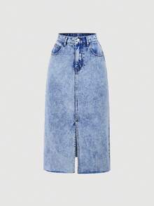 SHEIN Girlism Teen Girl Pocket Slit Hem Casual Denim Skirt - Light Wash - View 1