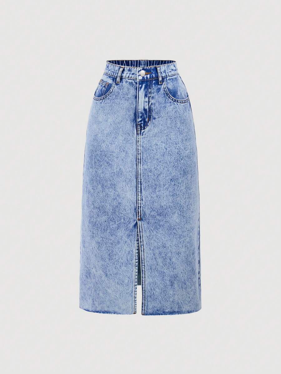 SHEIN Girlism Teen Girl Pocket Slit Hem Casual Denim Skirt - Light Wash - View 1