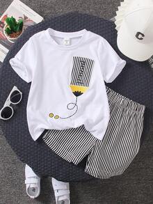 SHEIN Explorewe 2件套男童学院风刺绣铅笔裤和条纹休闲短裤，夏季百搭，适合上学、日常外出、度假、旅行、休闲、日光浴等场合。 - 白色 - 查看 6