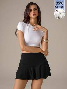 SHEIN Tall 女款針織純色短裙褲，95%棉，舒適，適合高個女性 - 黑色 - 查看 9