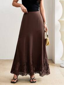 Heiryn Women's Teachers' Day Fashion Versatile Embroidered Hem Patchwork Maxi Skirt Party Office Dark Brown Autumn Elegant French - Brown - View 5